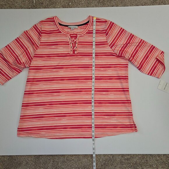 NWT Emily Daniels 3/4 Sleeve Lace-Up Neck Top, 2XL, Peach/Red/Pink/White Stripes - Picture 8 of 11